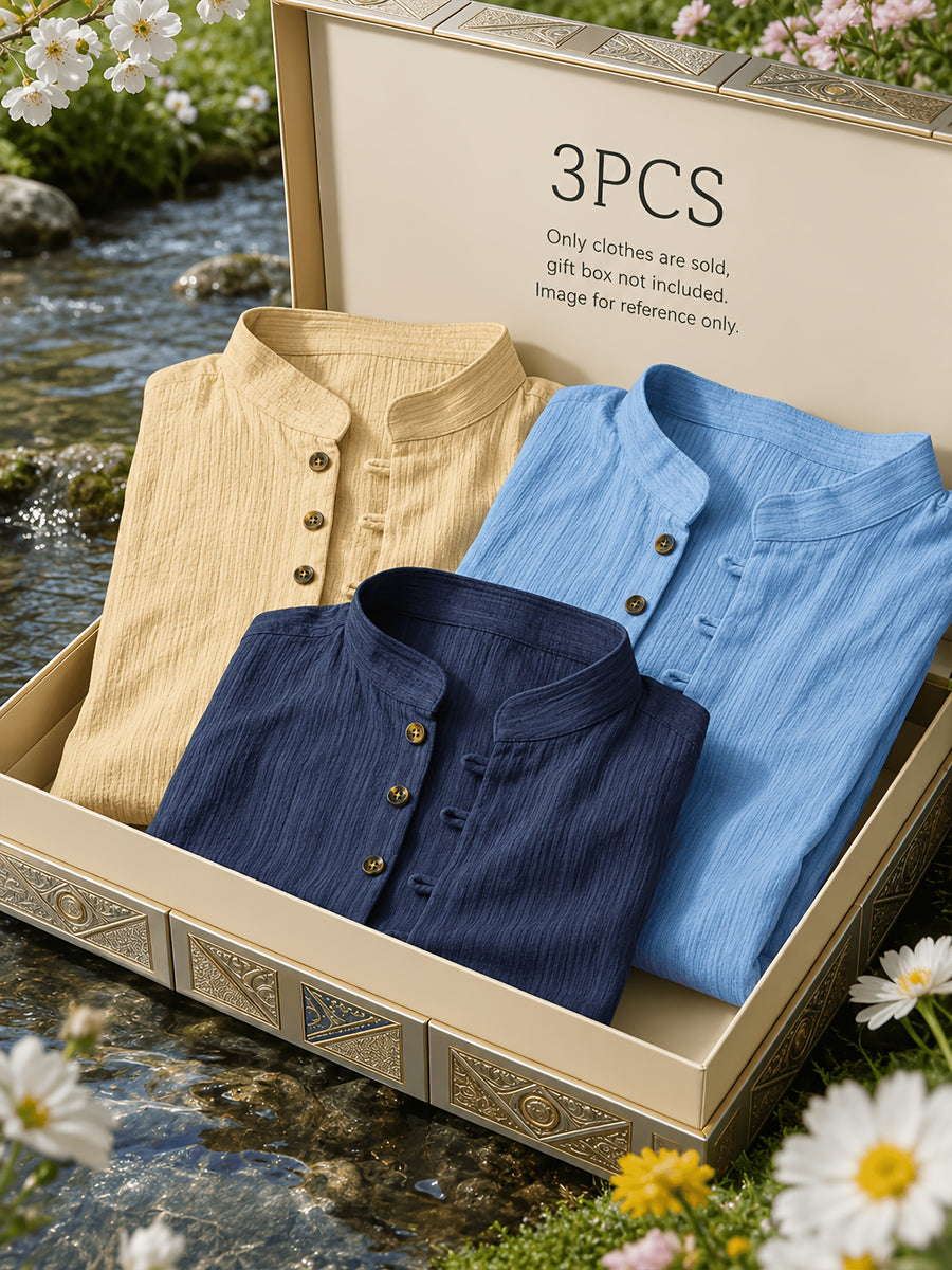 [Pearson Obm] 3pcs Men'S Mandarin Collar Multi Button Shirts Textured Lightweight Breathable Slim Fit Casual Tops Vintage Style for Summer Beach Vacation Travel And Daily Wear - Navy Blue + Blue + Khaki