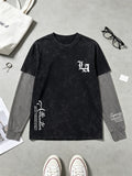 Men's 2-in-1 Look Long-Sleeve T-Shirt, Vintage Washed Minimalist Design Print with Contrast Gray Sleeves, American Street Style Loose Fit Casual Long-Sleeve T-Shirt - Black