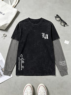 Men's 2-in-1 Look Long-Sleeve T-Shirt, Vintage Washed Minimalist Design Print with Contrast Gray Sleeves, American Street Style Loose Fit Casual Long-Sleeve T-Shirt - Black