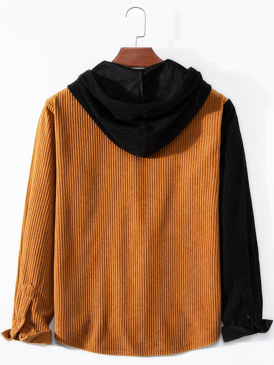 Men's Solid Color Patchwork Spring-Autumn Fashion Long-Sleeved Hooded Shirt Sweater Coat - Chocolate