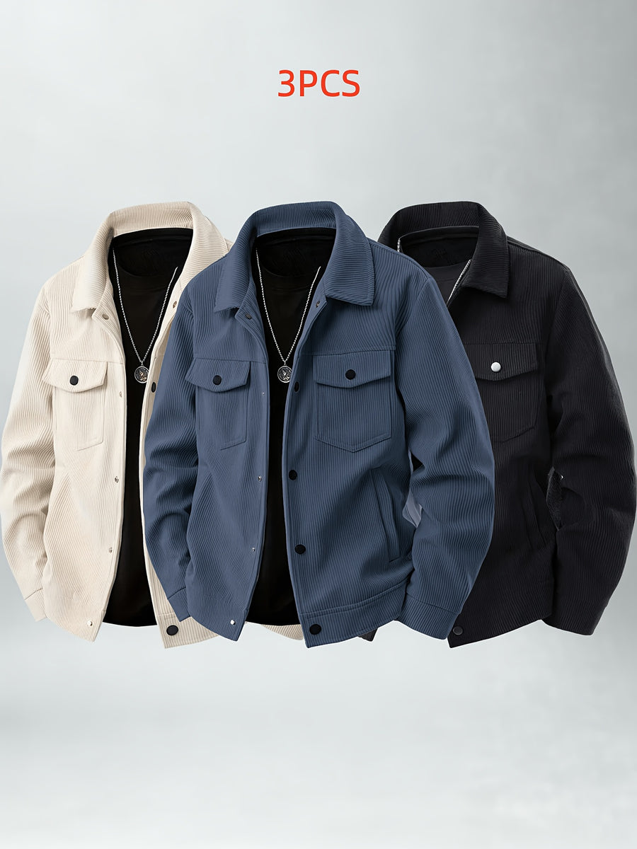 Casual Corduroy Work Jacket 3pcs Set Youth Daily Outing Lapel Top - Blue+Apricot+Black