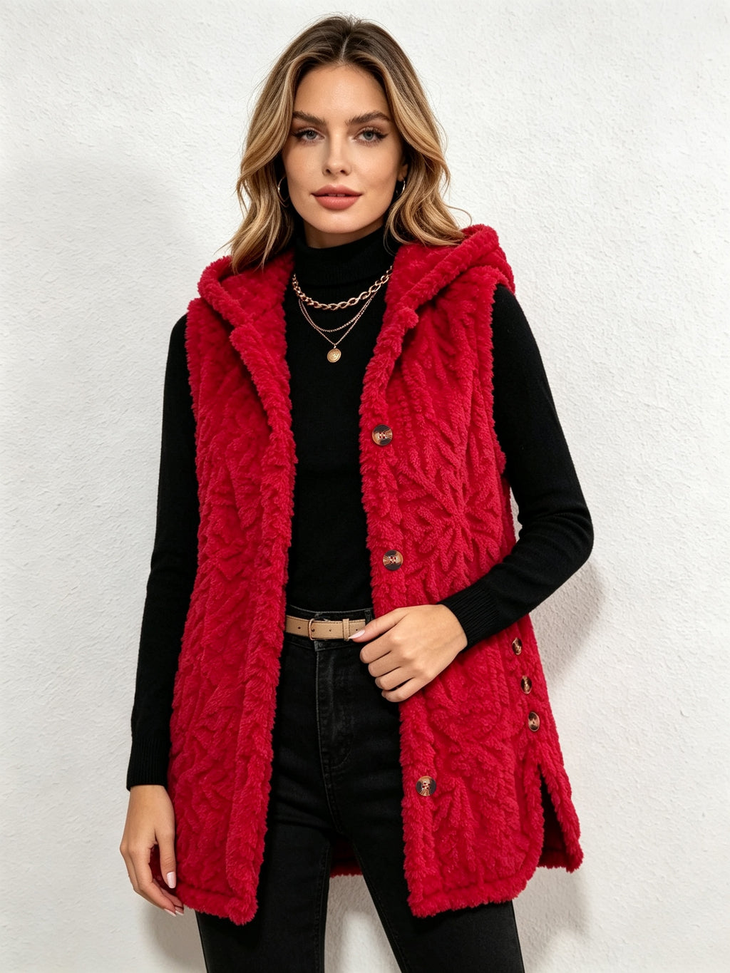 Women'S Adult Winter Casual Daily Jacquard Diamond Double-Faced Fleece Warm Fleece Pullover Vest Jacket - Brick Red