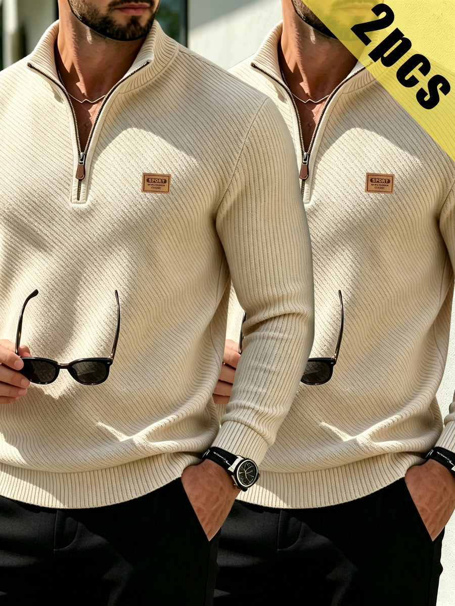 2pcs Men's Fashionable Versatile Top, Twill Texture Half-Zip Stand Collar Long-Sleeve Sweatshirt, Knitted Solid Color Long-Sleeve Casual Top for Daily Leisure, Sports & Fitness, Fashionable and Versatile. Soft, Comfortable, and Stylish Solid Color - Khaki + Khaki