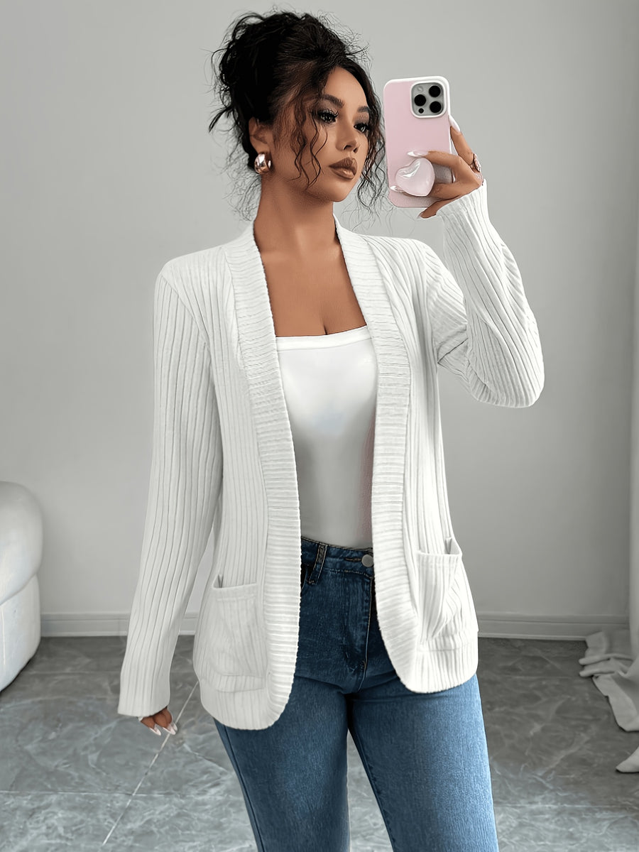 Women'S Casual Ribbed Brushed Open-Front Pocket Short Lightweight Jacket, Casual Coat, Women'S Outerwear, Women'S Cardigan - Ivory White