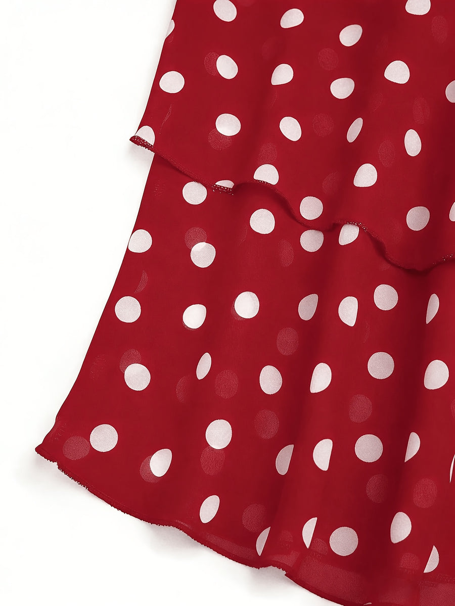 2026 New Black And White Polka Dot Spaghetti Strap Cami, Double-Layer Flowing Skirt Hem, Vacation Style Top, Lazy Style Polka Dot Chiffon Cami, Double-Layer A-Line Fit, Versatile Casual Date Sleeveless Top - Red