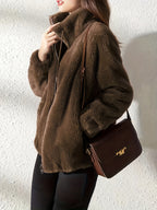 Solid Color Plush Coat, Stand Collar Thick Warm Zipper Drawstring Loose Women'S Coat - Dark Brown