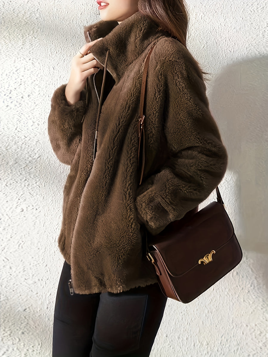 Solid Color Plush Coat, Stand Collar Thick Warm Zipper Drawstring Loose Women'S Coat - Dark Brown