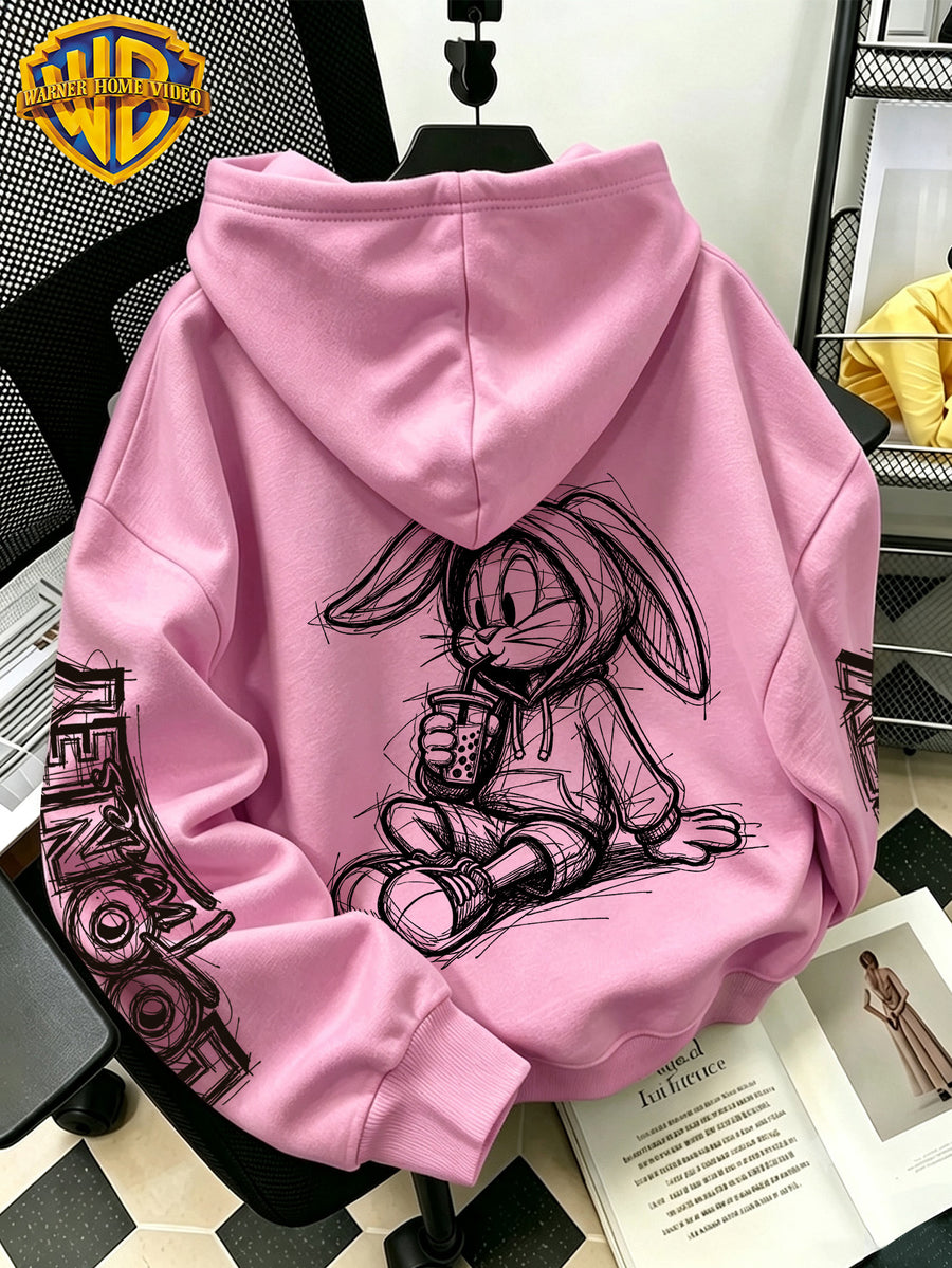 [Warner Bros] Licensed Men'S New Trendy Hoodie Sitting Drinking Milk Tea Rabbit Pattern Print Casual Hoodie, Daily Drawstring Loose Pullover Top, Machine Washable All-Match Sports Casual Men'S Top - Pink Color