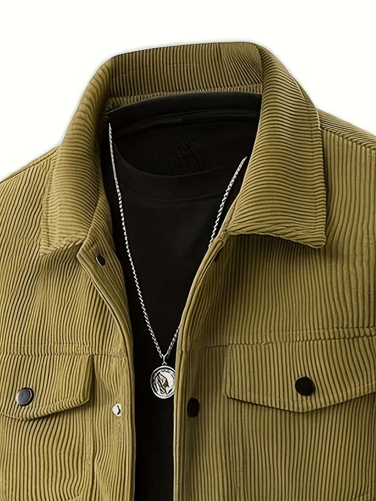 Men'S Trendy Corduroy Lapel Cargo Jacket Solid Vertical Texture Casual Long Sleeve Jacket Commuter Top - Khaki