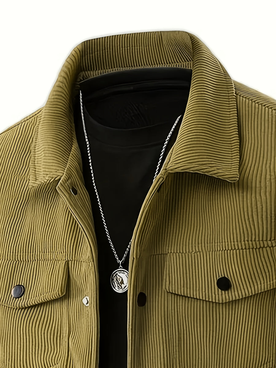 Men'S Trendy Corduroy Lapel Cargo Jacket Solid Vertical Texture Casual Long Sleeve Jacket Commuter Top - Khaki