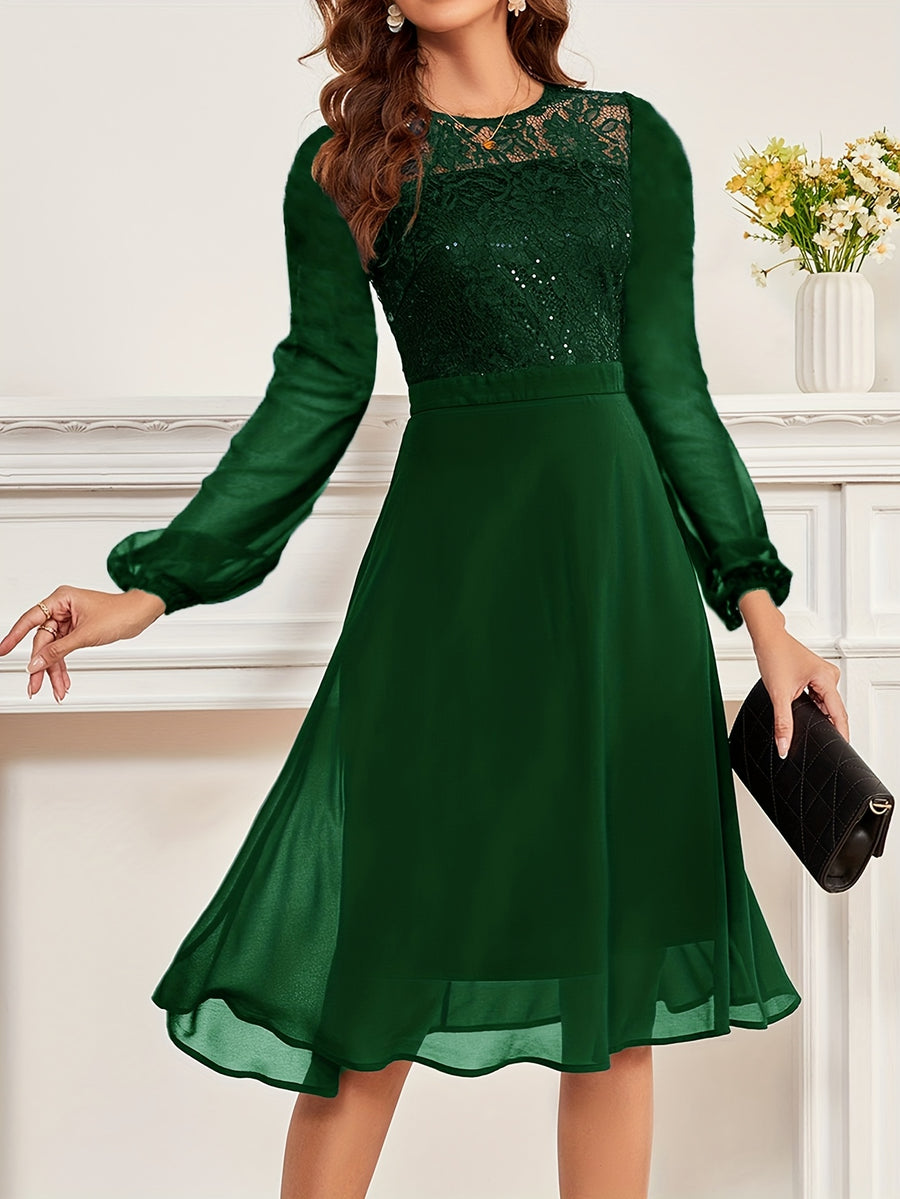 Women's Wedding Bridesmaid Dress, Chiffon Sequin Lace Long Sleeve Midi Cocktail Dress - Green