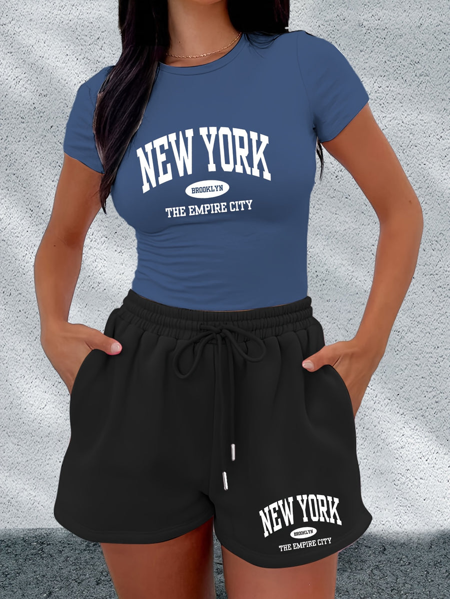 Summer Fashion Sticker Short Sleeve T-shirt and Shorts Two-piece Casual Sports Suit X4071 - Blue+Black