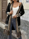 American Western Bohemian Fringed Cardigan Women'S Retro Color-Block Geometric Pattern Hem Fringed Design Mid-Length Ethnic Style Coat - Black