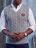 Western Men'S Back-To-School American Preppy Style Jacquard Embroidered V-Neck Knit Vest, Campus Commute Layering for Spring/Autumn - Grey