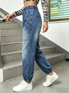 Women'S Summer High Quality Elegant Long Jeans Elastic Waist Loose Baggy Cuffed Harem Denim Pants Casual Daily Commute Outing Vintage Washed Gradient Color Multi Pocket Topstitching Back Patch Pocket Detail - Medium Blue
