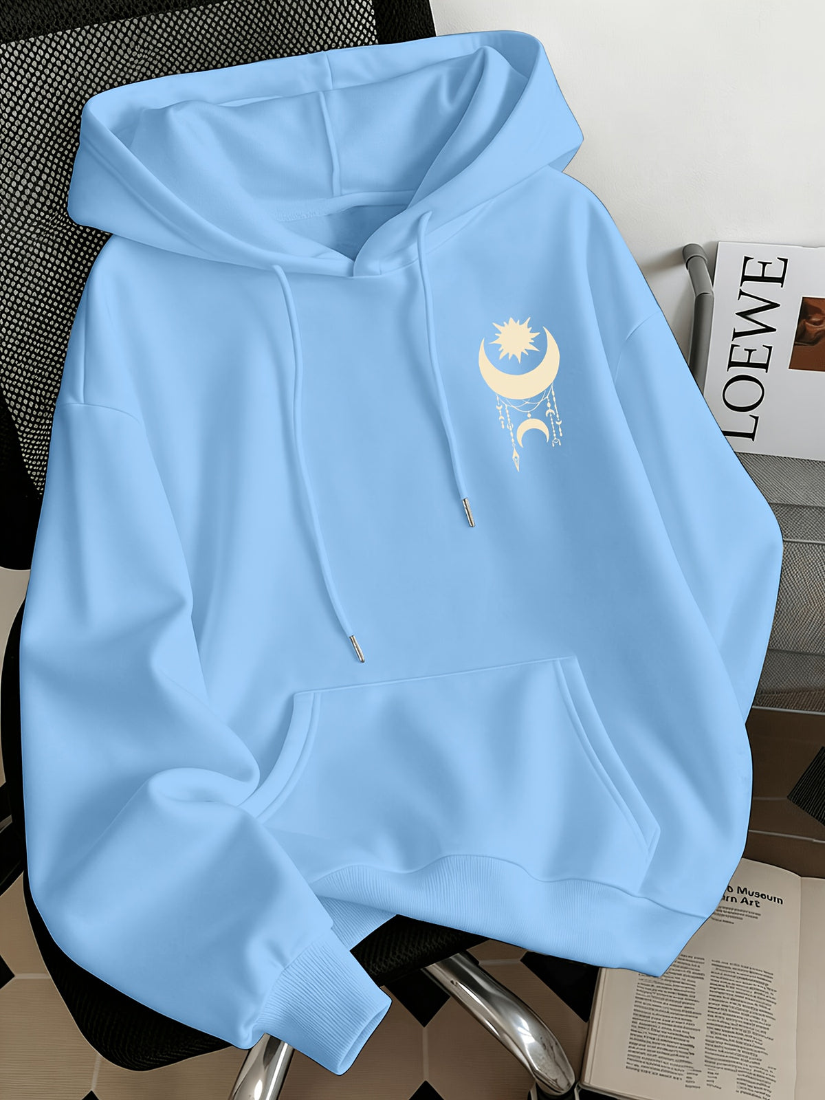 Women'S Fashion Starry Moon Print Casual Hooded Sweatshirt - Sky Blue