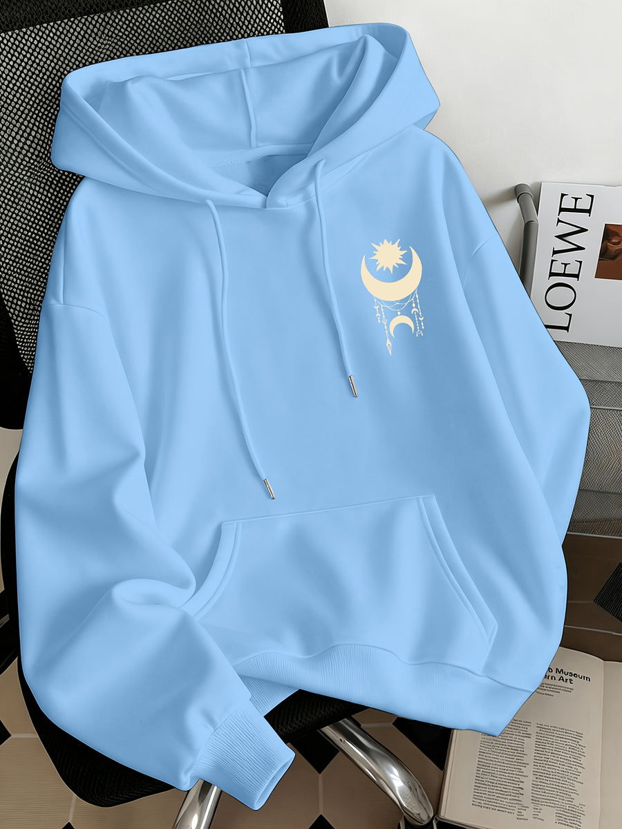 Women'S Fashion Starry Moon Print Casual Hooded Sweatshirt - Sky Blue