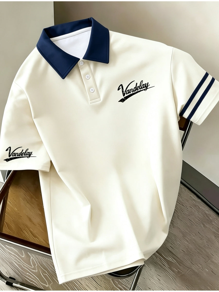 Spring Summer Outdoor Retro Men'S Color-Block Polo Vandelay Lettermanship Lapel T-Shirt - Apricot pin royal blue