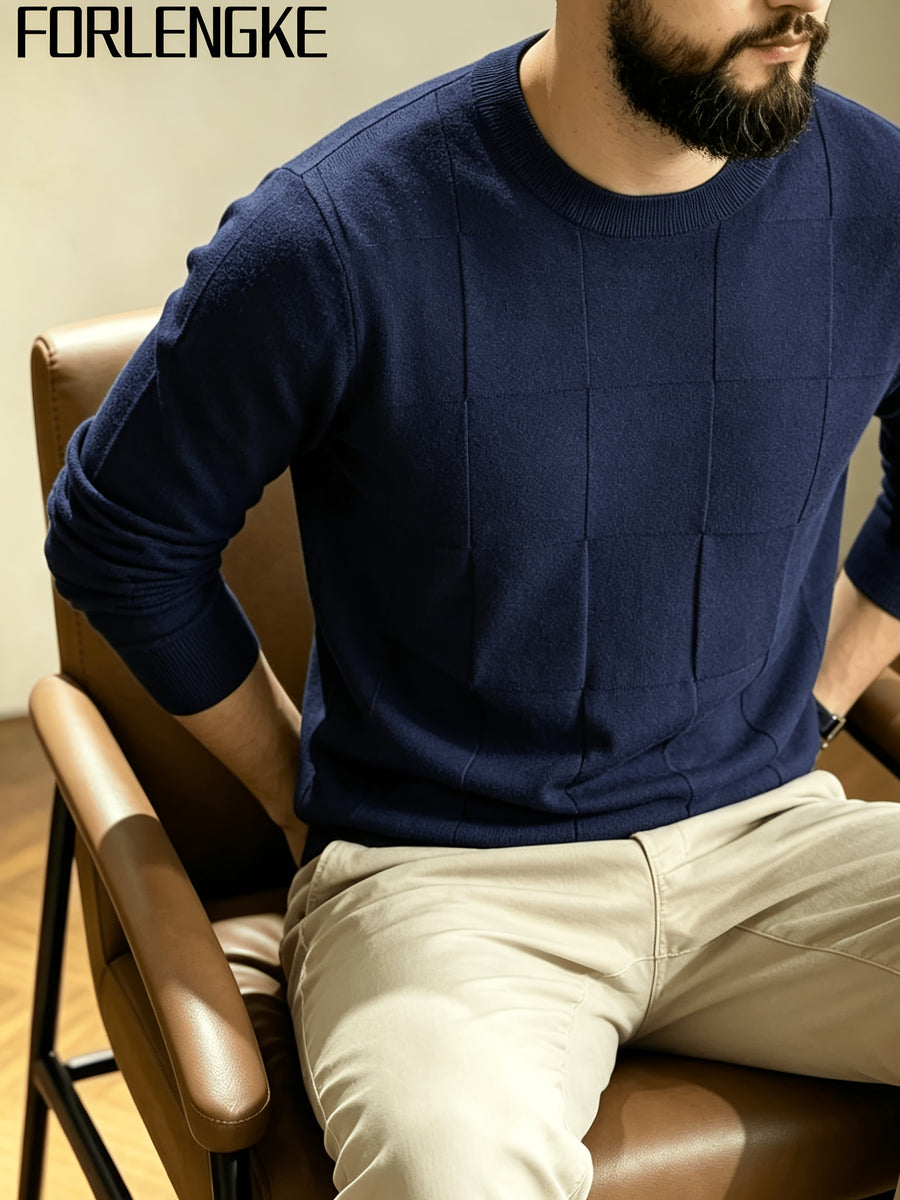 FORLENGKE Stylish Elegant Men'S Business Casual Grid Textured Crew Neck Knit Sweater, Soft Warm Long Sleeve Pullover for Fall Winter Office Daily Wear - Navy Color