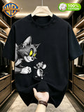 Warner Bros Official Summer New Arrival 100% T-Shirt, Casual and Stylish Men's Short Sleeve Tee with Scrawled Line Art Cartoon Print, Soft and Comfortable Men's T-Shirt, Machine Washable Men's Top, Suitable for Home Leisure, Campus, Daily Commuting - Black