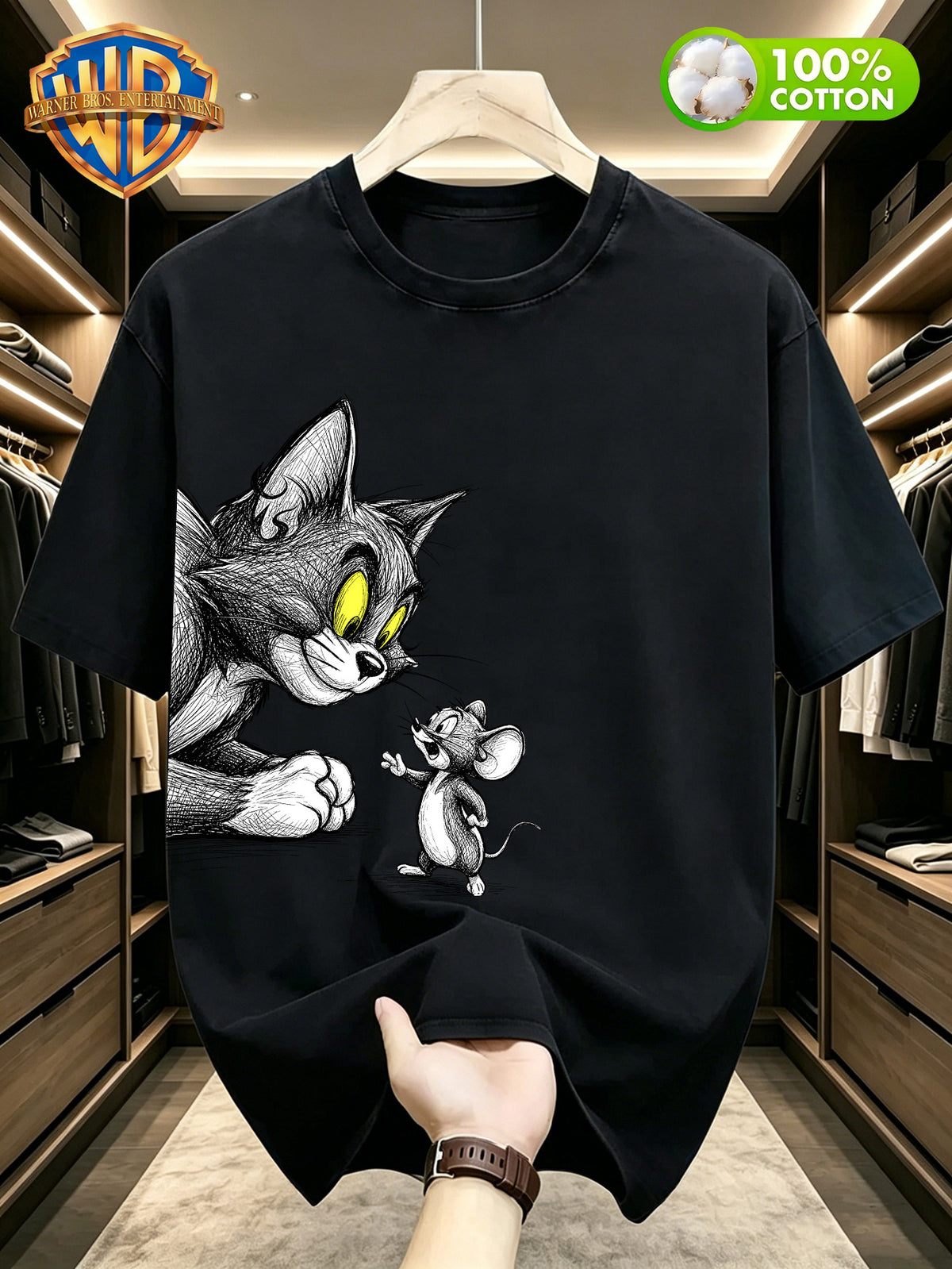 Warner Bros Official Summer New Arrival 100% T-Shirt, Casual and Stylish Men's Short Sleeve Tee with Scrawled Line Art Cartoon Print, Soft and Comfortable Men's T-Shirt, Machine Washable Men's Top, Suitable for Home Leisure, Campus, Daily Commuting - Black