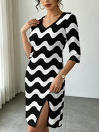 Black White Wave Print Women'S Fall Winter V-Neck Slit Dress, Daily Casual Gift Giving Party, Elegant Business Commute, Figure-Flattering Trendy Digital Print - Multicolor