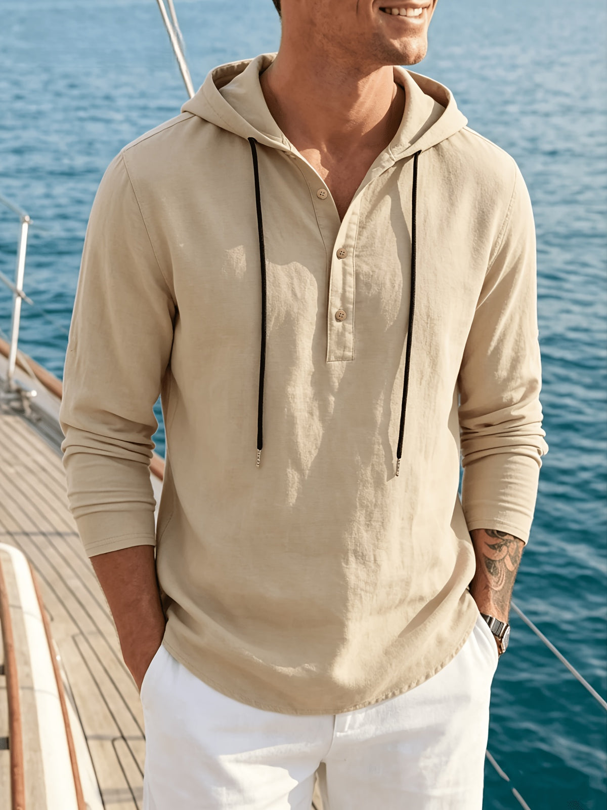 Men's 3pcs Set: Henley Collar Hooded Long-Sleeve T-Shirt, Half-Button Drawstring Hoodie, Casual Loose-Fit Long-Sleeve Pullover for Everyday Versatility - White+navy+khaki