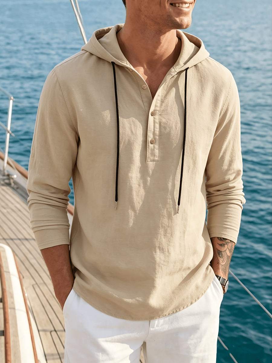 Men's 3pcs Set: Henley Collar Hooded Long-Sleeve T-Shirt, Half-Button Drawstring Hoodie, Casual Loose-Fit Long-Sleeve Pullover for Everyday Versatility - White+navy+khaki
