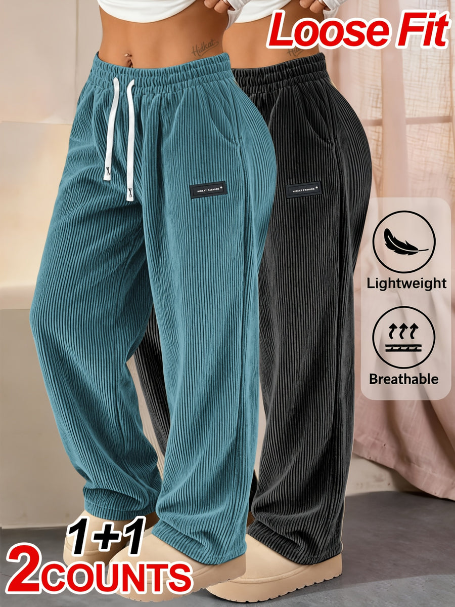 2-Pack Women'S Elegant Casual Fashion Corduroy Pants | Lightweight, All-Season Comfort, Solid Color with Pockets, Suitable for Various Occasions - Black Color+Blue