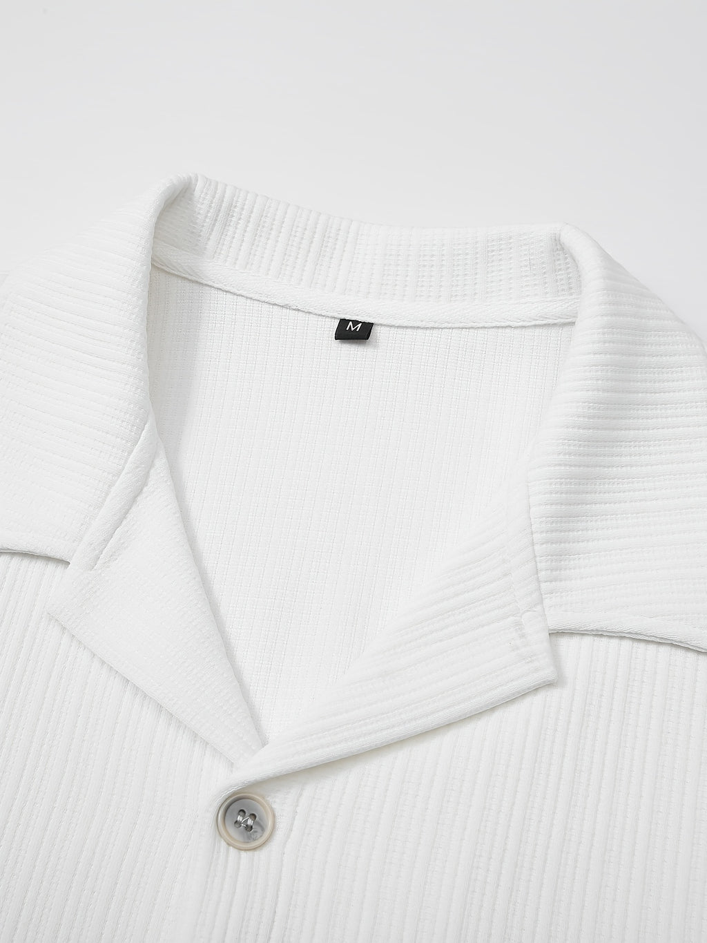 Men's Vintage Lapel Long Sleeve Shirt, Vertical Ribbed Minimalist Solid Knit Top, Versatile Casual Wear - White
