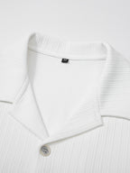 Men's Vintage Lapel Long Sleeve Shirt, Vertical Ribbed Minimalist Solid Knit Top, Versatile Casual Wear - White
