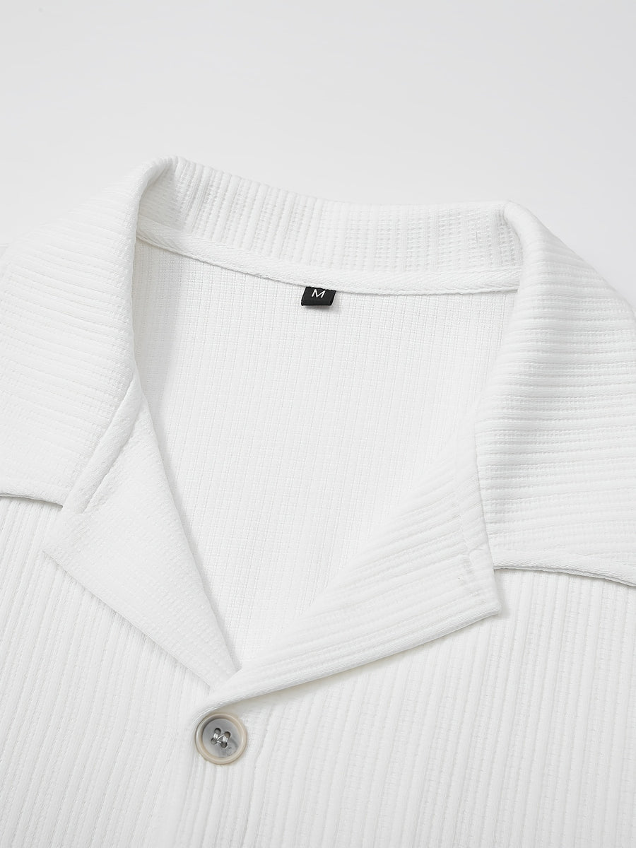 Men's Vintage Lapel Long Sleeve Shirt, Vertical Ribbed Minimalist Solid Knit Top, Versatile Casual Wear - White