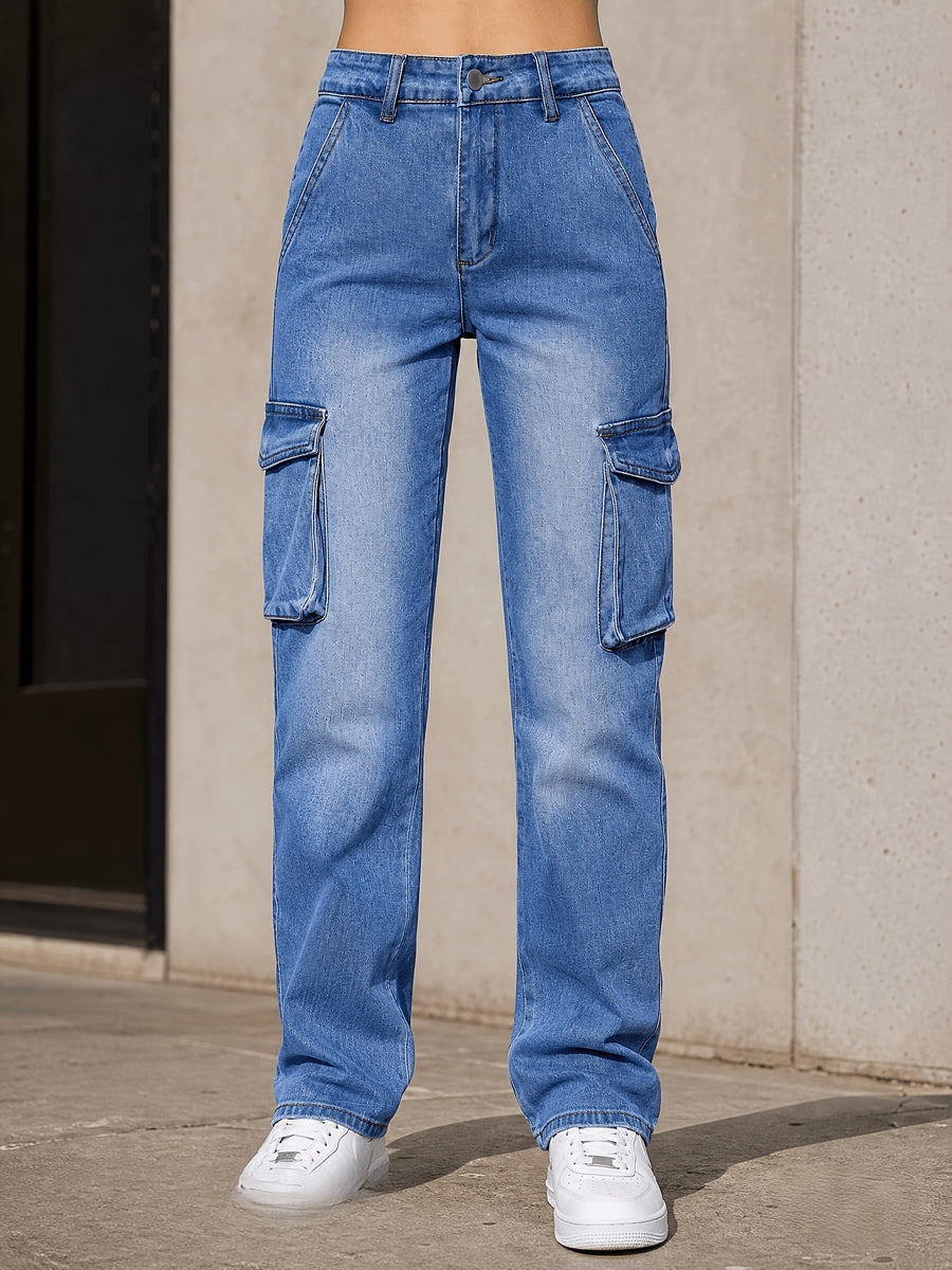 High-Stretch Women'S Fashion Casual Multi-Pocket Multi-Button Skinny Jeans - Peacock Blue
