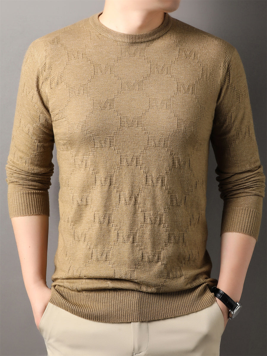 Autumn Winter Knit 3D Solid Round Neck Sweater, Basic Knit Pullover Top, Men'S Fashion Long Sleeve Sweater, Mon-J - Khaki
