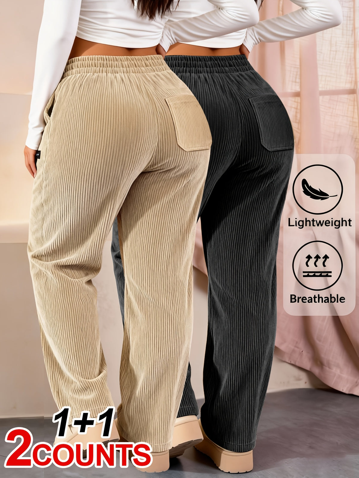 2-Pack Women'S Elegant Casual Fashion Corduroy Pants | Lightweight, All-Season Comfort, Solid Color with Pockets, Suitable for Various Occasions - Black + Khaki