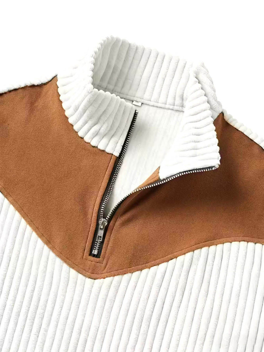 A 3pcs Men's Top Featuring Ribbed Cable-knit with Brown Block Design, Stand-up Collar, and Zipper Closure, Suitable for Both Daily Commutes and Formal Occasions, Offering a Casual yet Elegant Look - Black+black+white