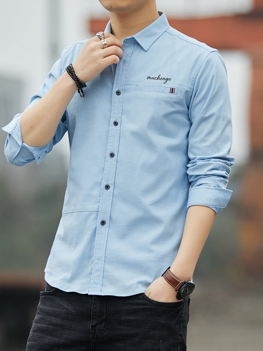Men'S Casual Shirt, Spring/Autumn Style Linen-Like Collar Long Sleeve Versatile Solid Color Shirt, Minimalist Letter Print on Chest, Slim Fit Slimming Business Casual Top, Youth Daily Commute Versatile Men'S Clothing - Light Blue