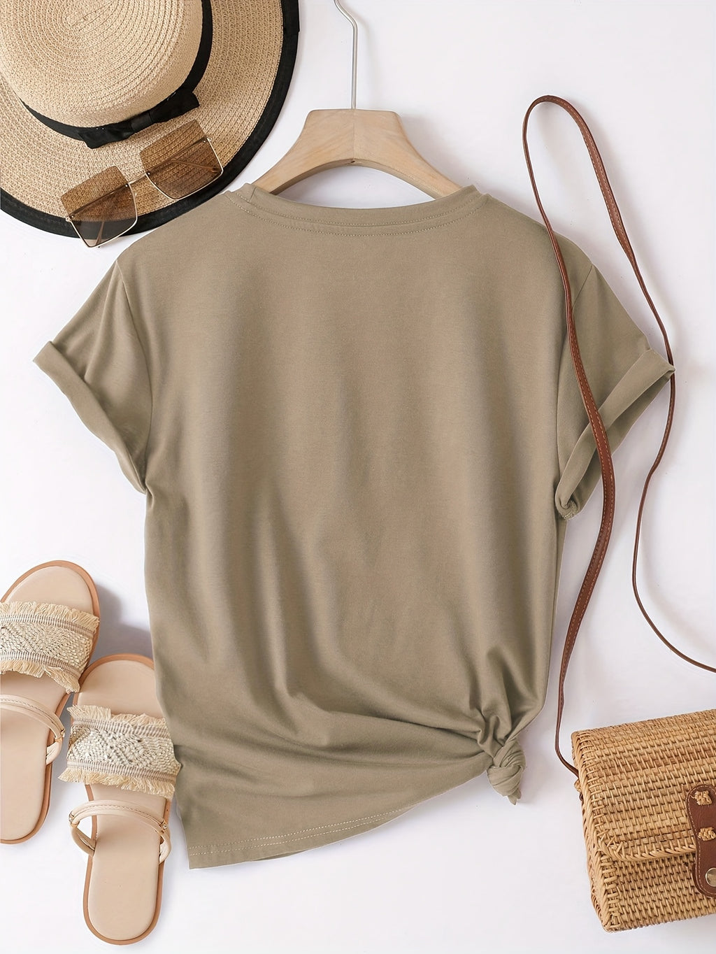 Fashionable Loose-Fitting Versatile Casual Short-Sleeve T-Shirt with Print - Khaki