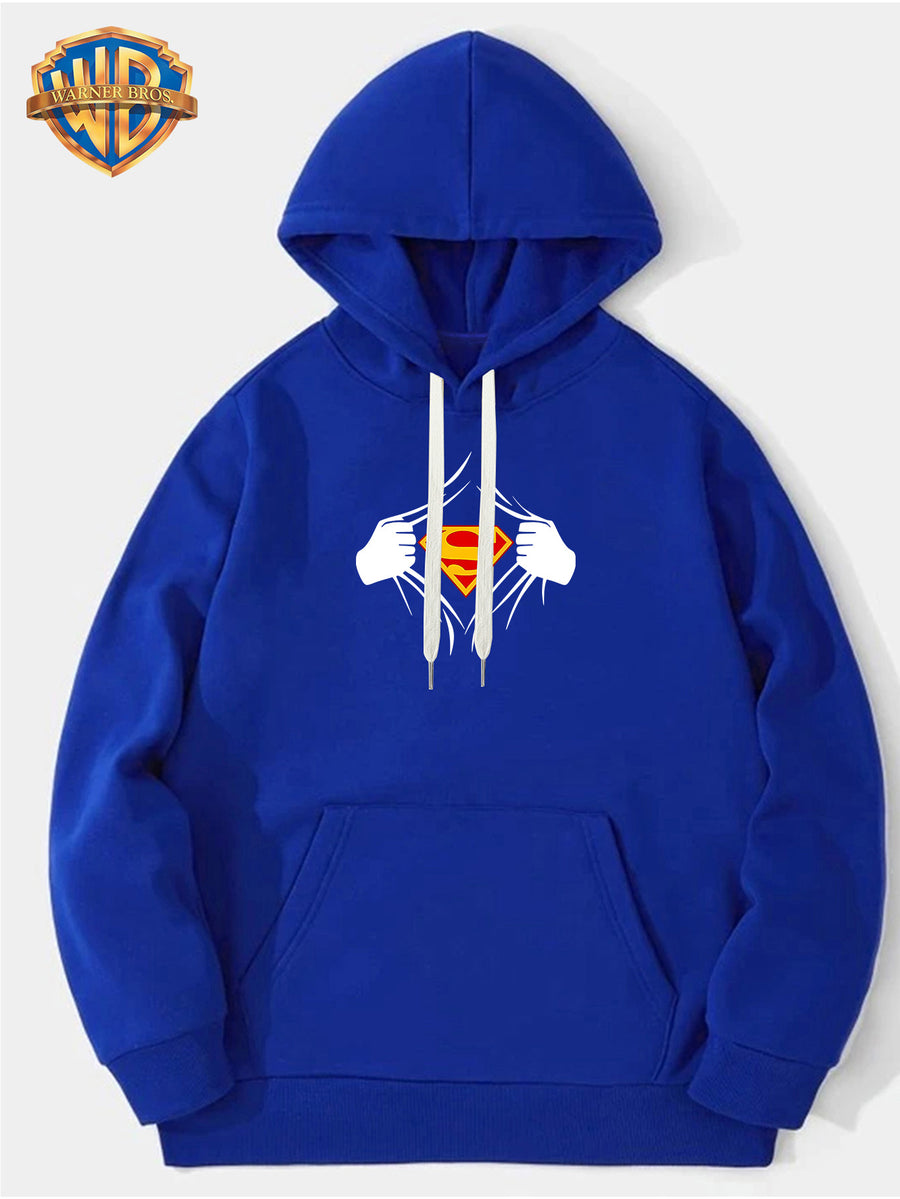 WB Men's Superman 'S' Logo Hooded - Iconic WB Logo & Superman Emblem Print Hoodie, Loose-Fit Casual Pullover with Hood, Fall/Winter Warmth, Machine Washable Suitable for Fall/Winter Warmth, Iconic Superman - Blue