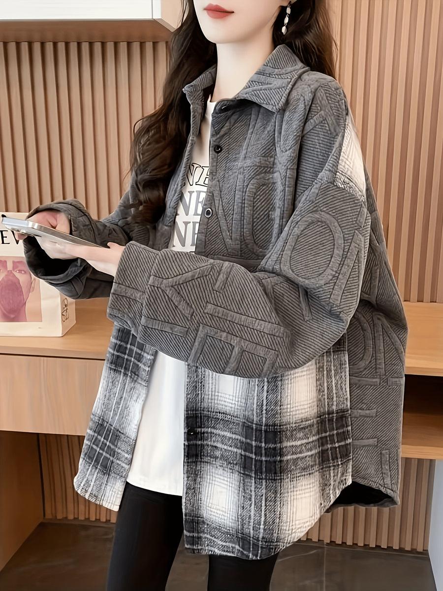 Jacquard Patchwork Plaid Shirt Casual Jacket for Women - Grey