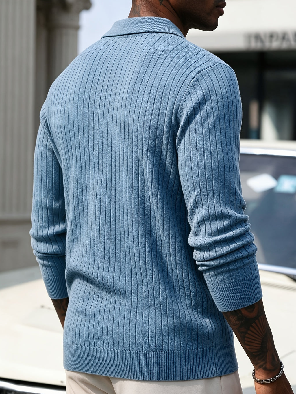 Men's Vertical Striped Knit Cardigan, Lapel Polo Collar Button Long Sleeve Slim Fit Knitted Sweater Jacket for Fall Winter Casual Outwear - Sea Polish