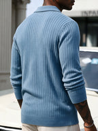Men's Vertical Striped Knit Cardigan, Lapel Polo Collar Button Long Sleeve Slim Fit Knitted Sweater Jacket for Fall Winter Casual Outwear - Sea Polish