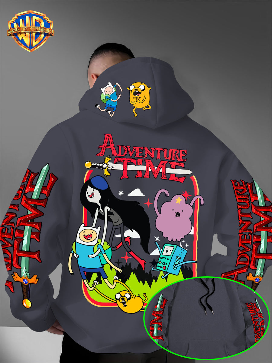 Warner Bros. Adventure Time Large Back Print, Hooded Sweatshirt with Hat Design Pattern, Multifunctional Street Style Men's Hoodie, Comfortable and Casual, Suitable for Autumn and Winter Wear - Dark Gray