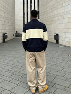 New Autumn/Winter Men's Knit Sweater, American Trendy Color-Block Patchwork Letter Jacquard Design, Long Sleeve Polo Collar, Fashionable Loose Fit Casual Vintage College Style Knitwear, Suitable for Daily Streetwear, Street Brand, and Commuter Style - Navy Color