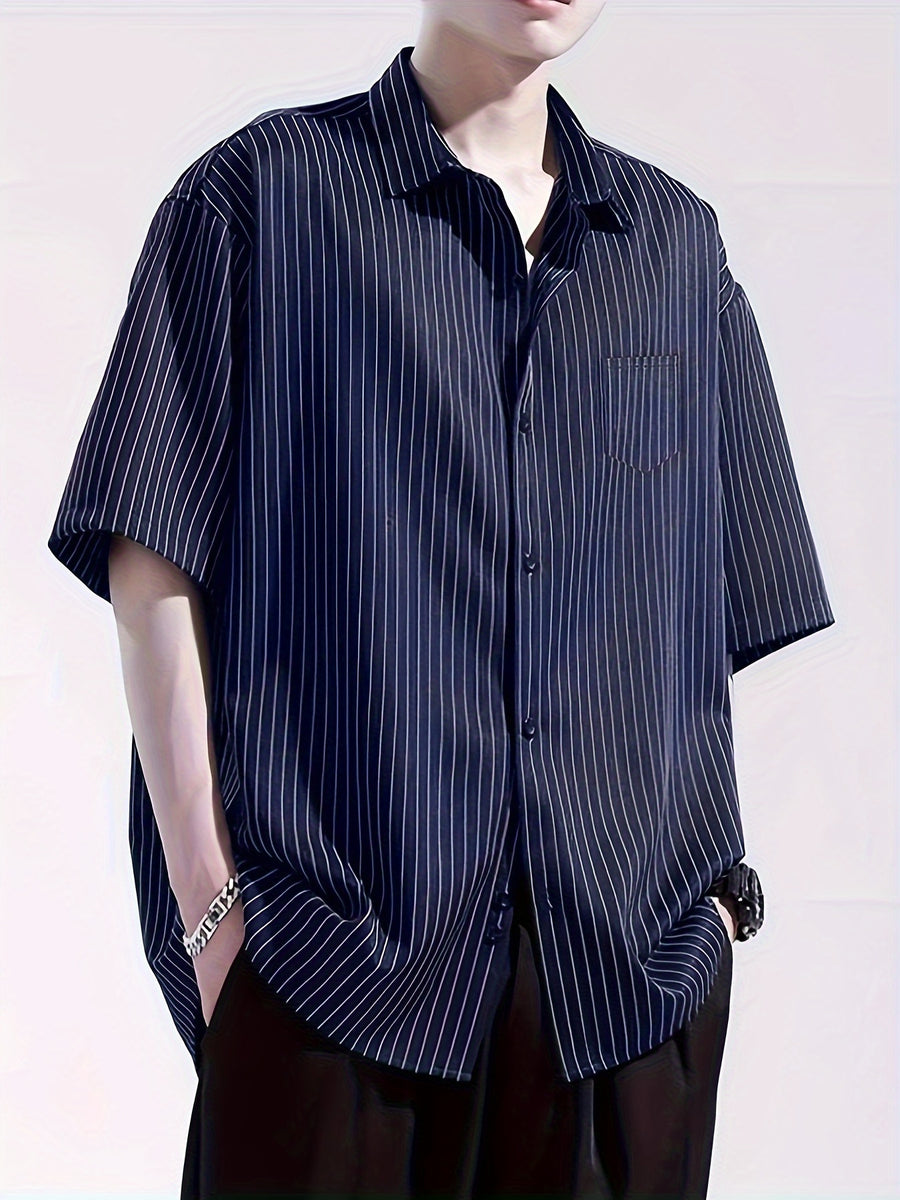 Men's Summer Striped Short-Sleeve Shirt, Loose Fit, Thin Spring/Autumn Casual Premium Shirt, Read-to-Wear Wrinkle-Free 2024 Short Top - Royal Blue