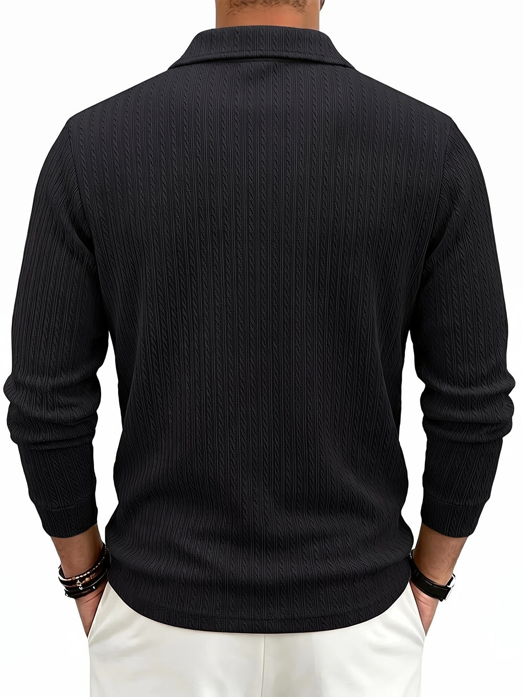 Men'S Casual Jacquard Polo Shirt, Autumn Easy Style Elastic Long Sleeve Textured Fabric Slim Fit Base Layer Top - Black