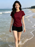 Solid Color Slim Fit Round Neck Short-Sleeved T-Shirt Women'S Summer New Pure Desire Style Outfit Basic Versatile Easy Top - Deep Red