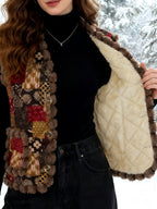 Autumn/Winter Women's Vintage Patchwork Plush-Trimmed Vest with Metal-Look Buttons, Classic Fashion, Versatile Daily Commute Style, Artistic Soft Romantic Aesthetic, Casual Comfortable Lightweight Warm Plush-Lined Vest Jacket - Mixed colors
