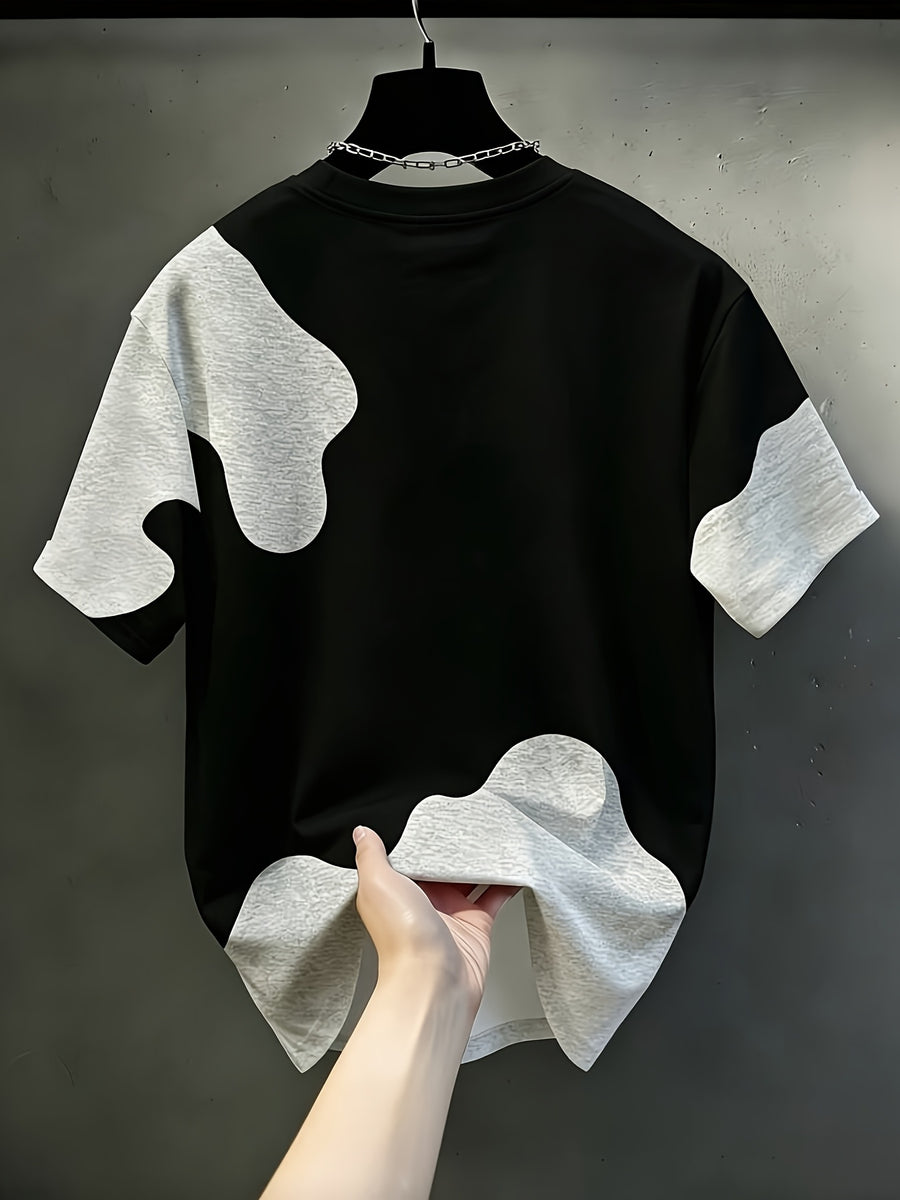 Men'S Casual Round Neck T-Shirt, Geometric Pattern Patchwork Striped Design with "KING" Word Pattern, Drapey Fashion Top, All-Season Wear, Breathable Regular Fit for Casual And Formal Outfits - Round Neck Casual Top, Comfortable Wear - Mixed colors