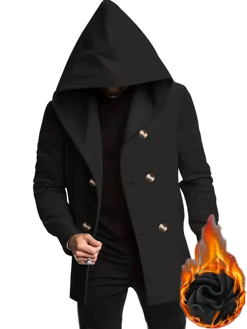 Men's Casual Sport Windbreaker, Hooded Mid-Length Jacket, Fashionable Casual Style with Lining and Extra Thickness, Suitable for Outdoor Leisure and Sports - Black